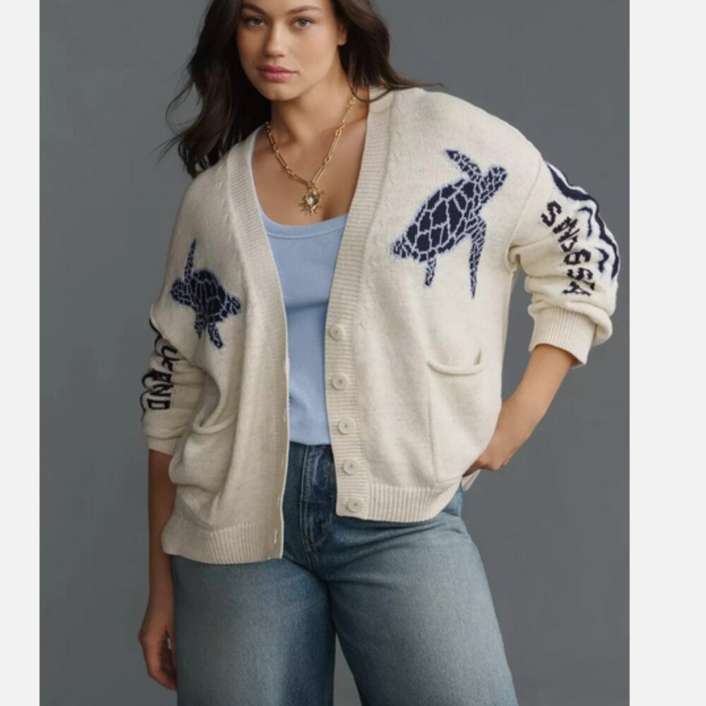Anthropologie Pilcro Sea Turtle Cardigan Sweater Surf Bound Nautical Size 2X NWT